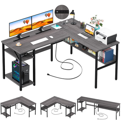 Reversible L Shaped Desk with Magic Power Outlets and USB Charging Ports