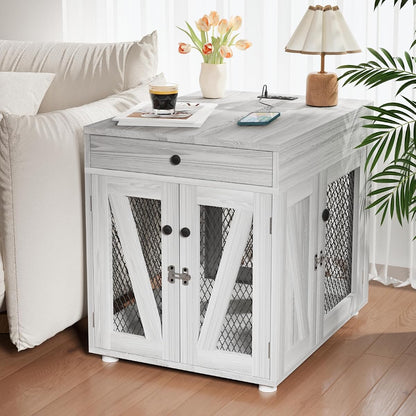 Wooden Dog Crate End Table with USB Charging Station, Gray