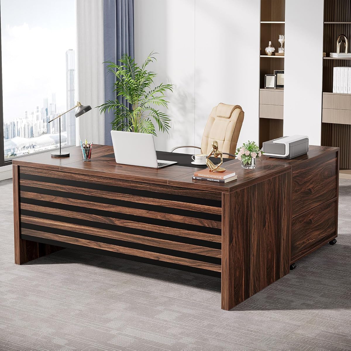 Tribesigns 62.2" L-Shaped Executive Desk with Mobile File Cabinet