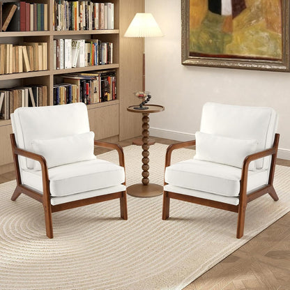 Accent Chairs Set of 2,Mid Century Modern Chair with Arms and Waist Cushion, Reading Chairs for Adults, Lounge Chair for Living Room and Bedroom, Solid Wooden Frame, Cream