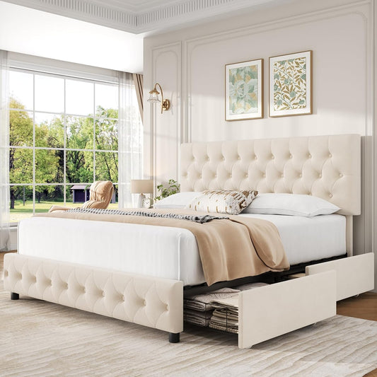 Modern Queen Size Upholstered Bed Frame with 4 Storage Drawers