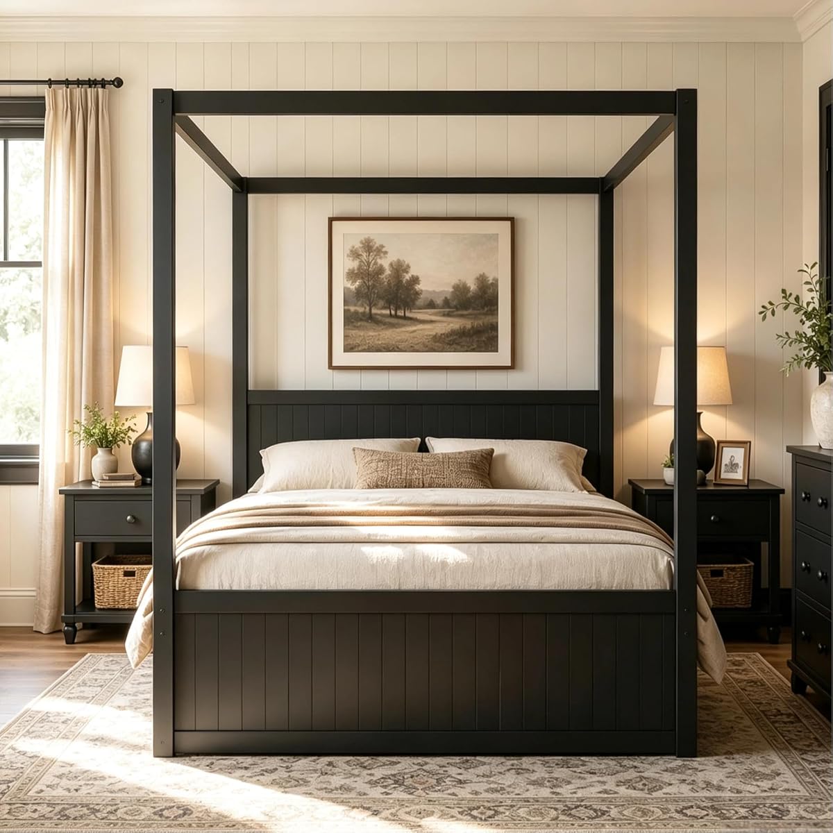 Full Size Farmhouse Canopy Bed with Storage Drawers and Trundle