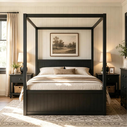 Full Size Farmhouse Canopy Bed with Storage Drawers and Trundle