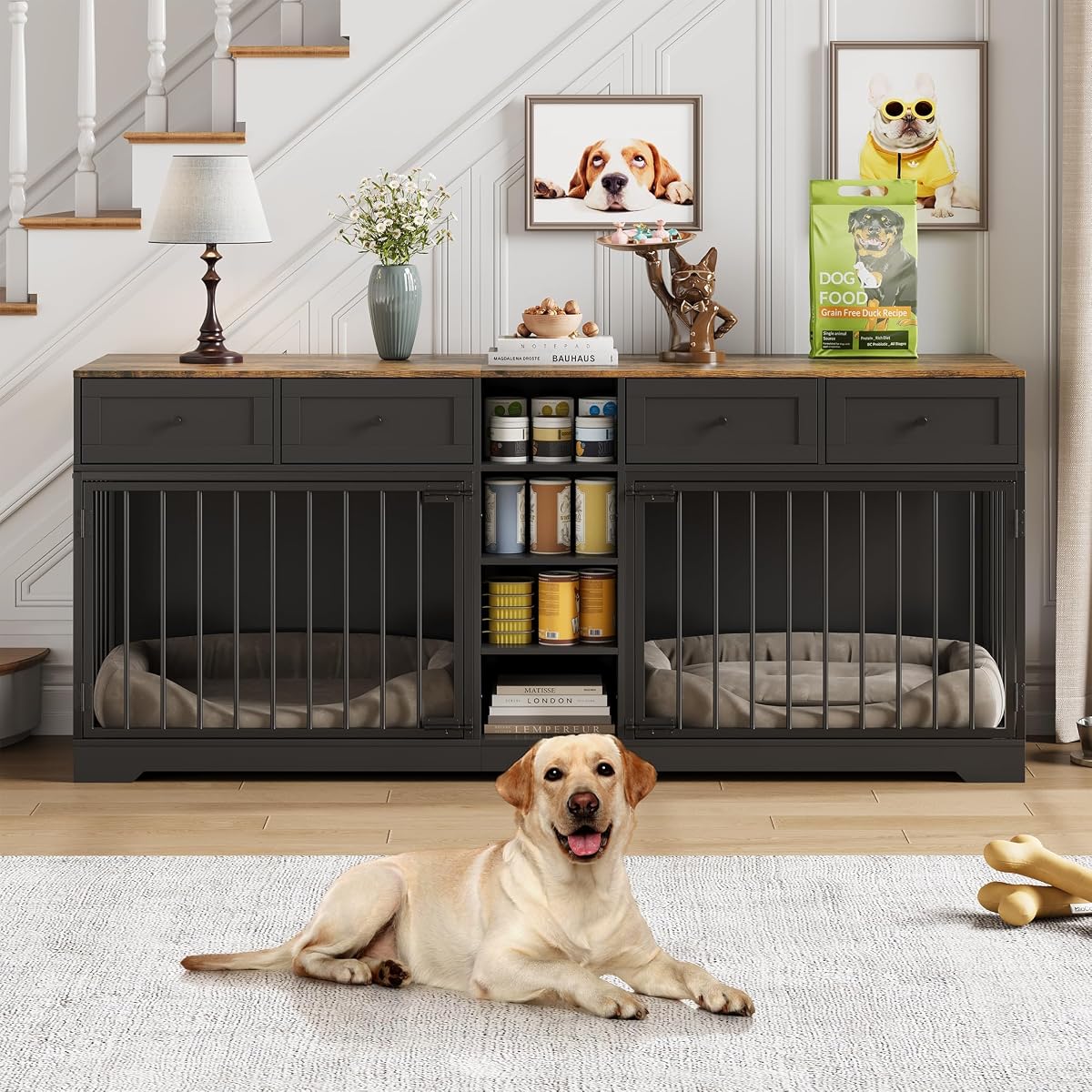 82" Double Dog Crate Furniture, Large Dog Kennel Indoor for 2 Dogs, Heavy Duty Wooden Dog Crate TV Stand with 4 Drawers and Shelves, Black