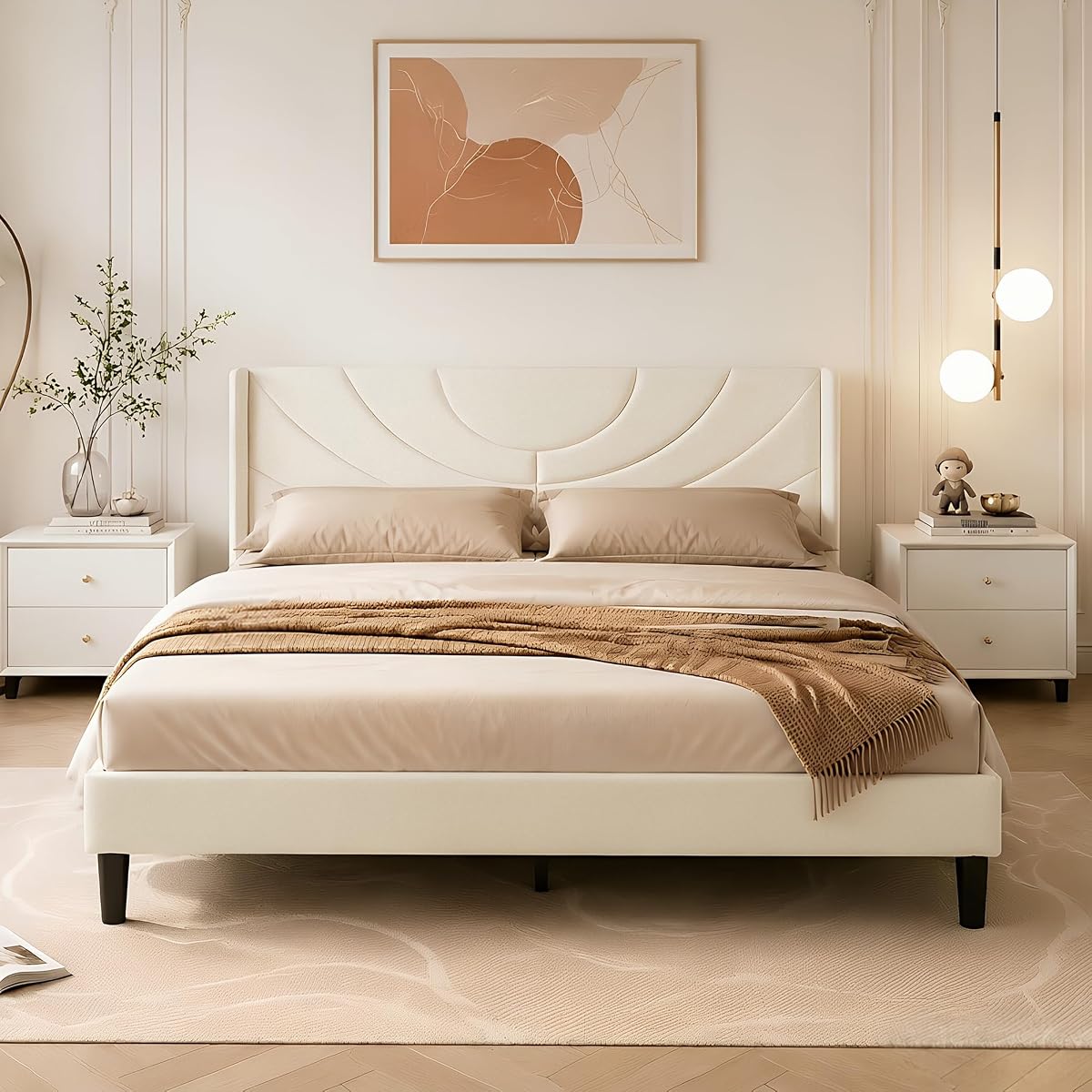 Upholstered Platform Queen Size Bed Frame with Fabric Headboard