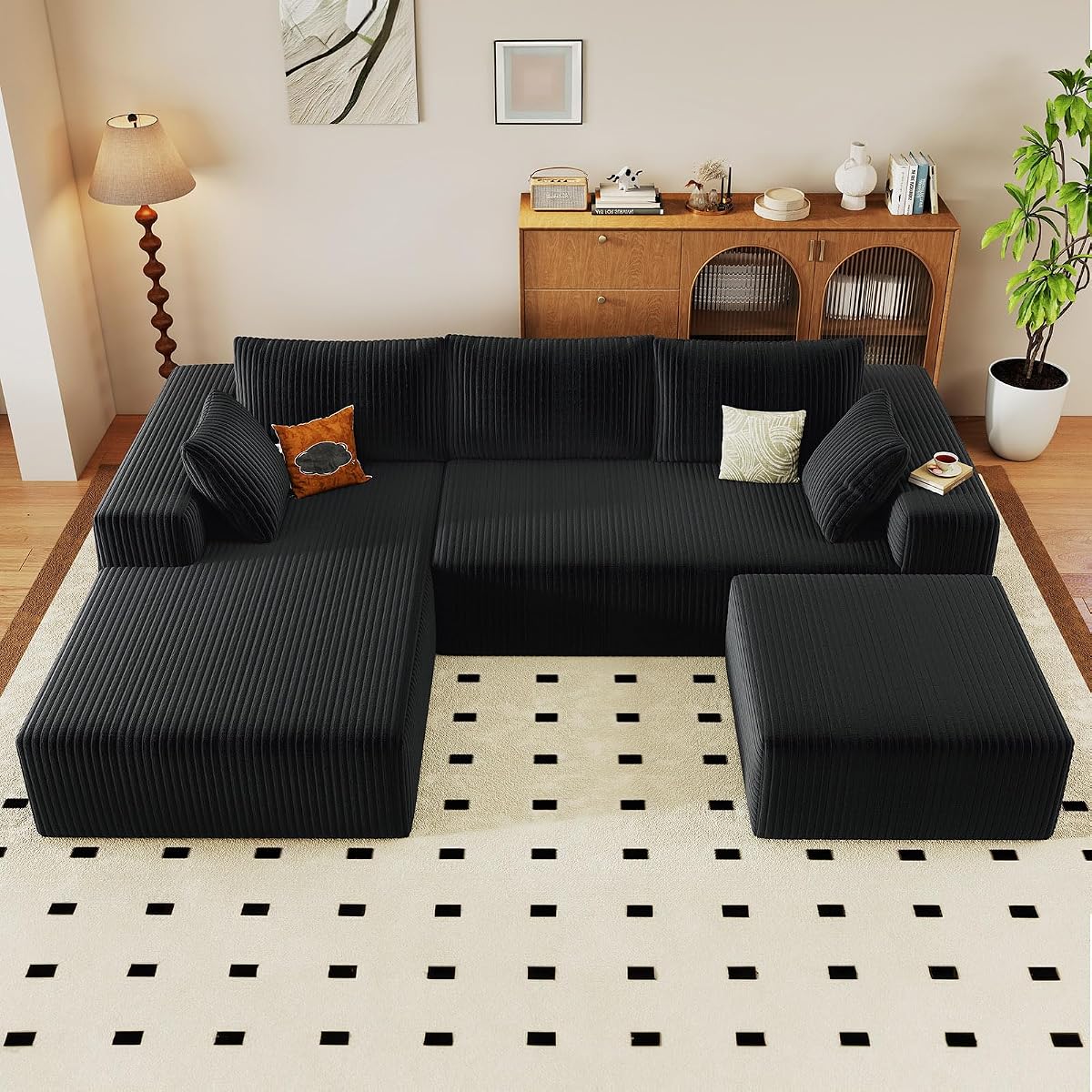 96" Cloud Sectional Couch with U-Shaped Chaise, Corduroy Sectional Sofa with Ottoman, Boneless Couch with Deep Seat in a Box for Living Room, No Assembly Required (Black, Left Facing Chaise)
