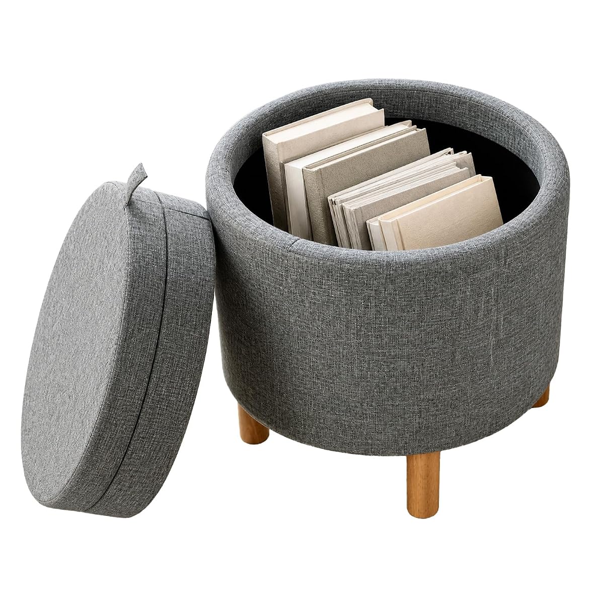 Round Storage Ottoman with Tray, Accent Storage Footstool, Gray