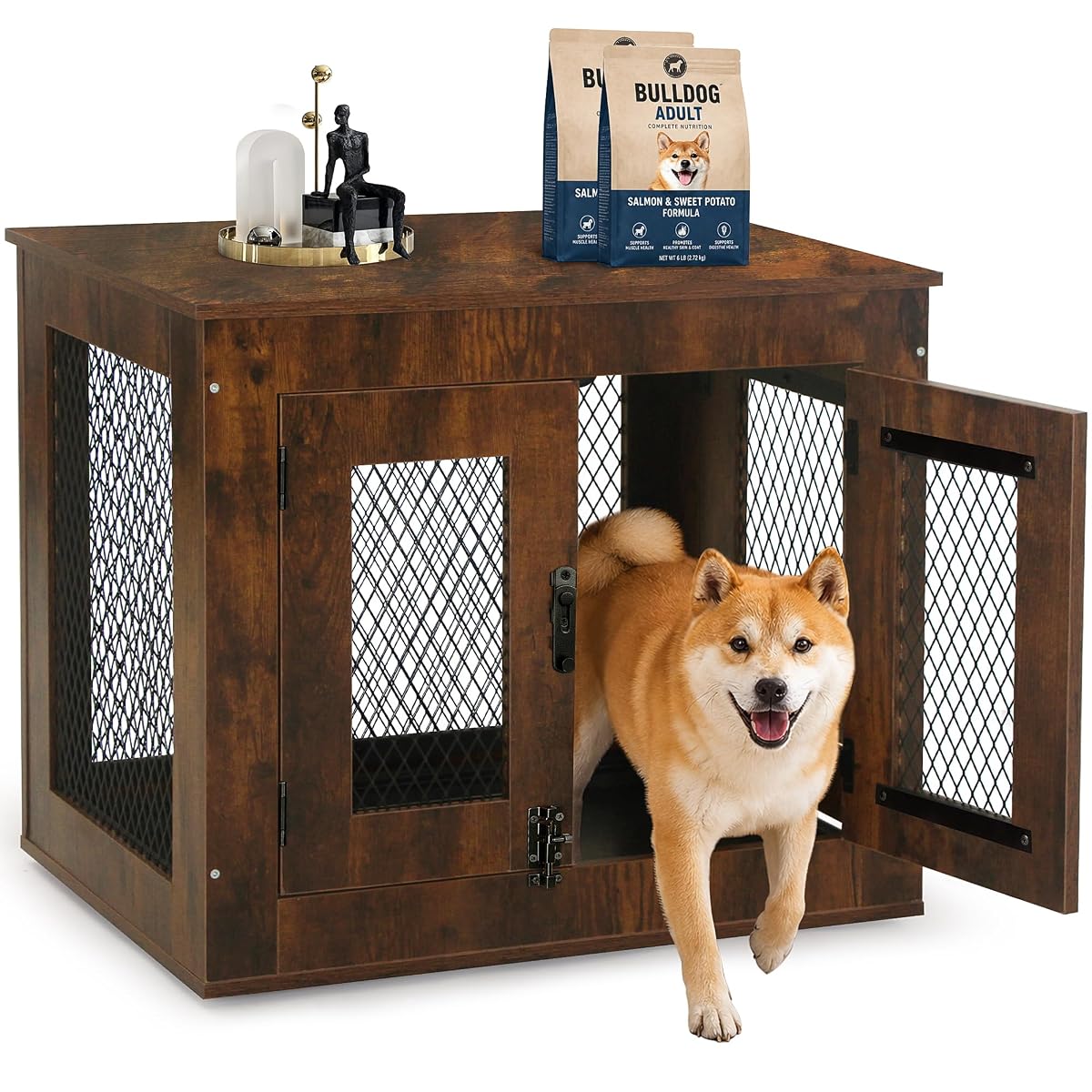 Wooden Dog Crate Furniture End Table with Metal Mesh, Rustic Brown