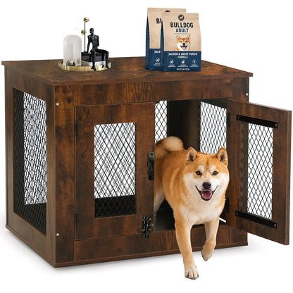 Wooden Dog Crate Furniture End Table with Metal Mesh, Rustic Brown