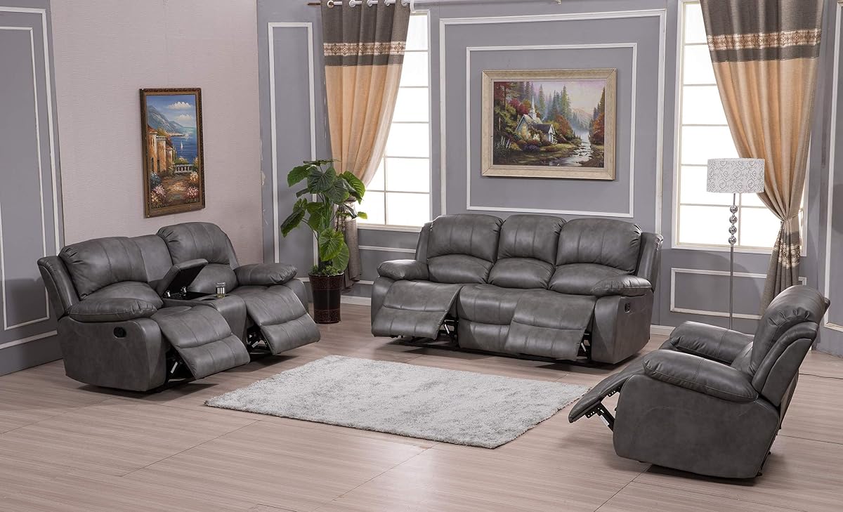 3PC Faux Leather Reclining Couch Set, Living Room Furniture Set, Sofa, Loveseat, Glider, 8018 Multiple Colors (Gray, Sofa+Loveseat+Chair) | 8018