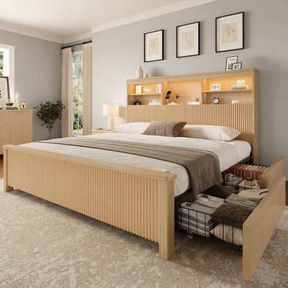 King Size Bed Frame with 4 Storage Drawers, Natural
