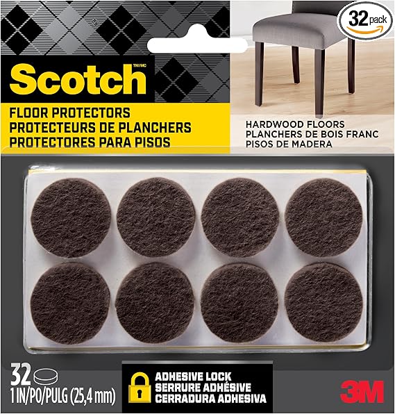 Scotch Felt Pads 32 PCS Brown, Felt Furniture Pads for Protecting Hardwood Floors, 1" Round, Easy-to-Apply, Self-Stick Design, Reliable Protection from Nicks, dents and Scratches (SP822-NA)