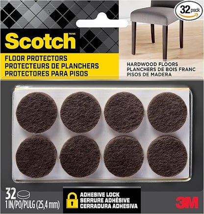 Scotch Felt Pads 32 PCS Brown, Felt Furniture Pads for Protecting Hardwood Floors, 1" Round, Easy-to-Apply, Self-Stick Design, Reliable Protection from Nicks, dents and Scratches (SP822-NA)