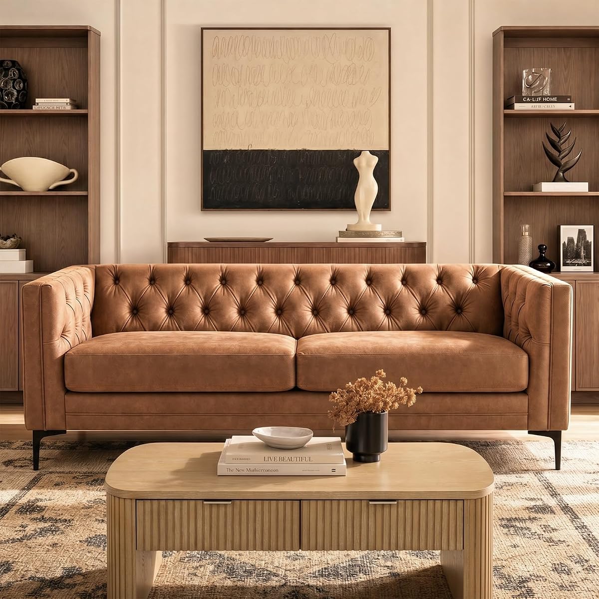 84" W Faux Leather Sofa Couch with Metal Legs, Button-Tufted 3-Seater Sofa, Mid Century Modern Upholstered Couch for Living Room, Entertainment Area, Apartment,Camel
