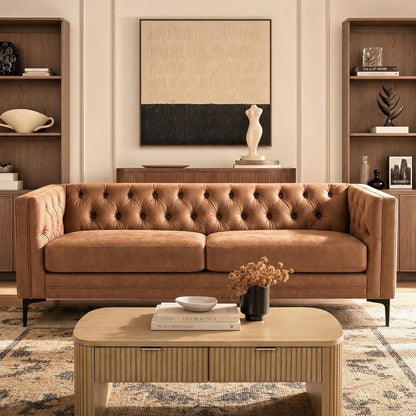 84" W Faux Leather Sofa Couch with Metal Legs, Button-Tufted 3-Seater Sofa, Mid Century Modern Upholstered Couch for Living Room, Entertainment Area, Apartment,Camel