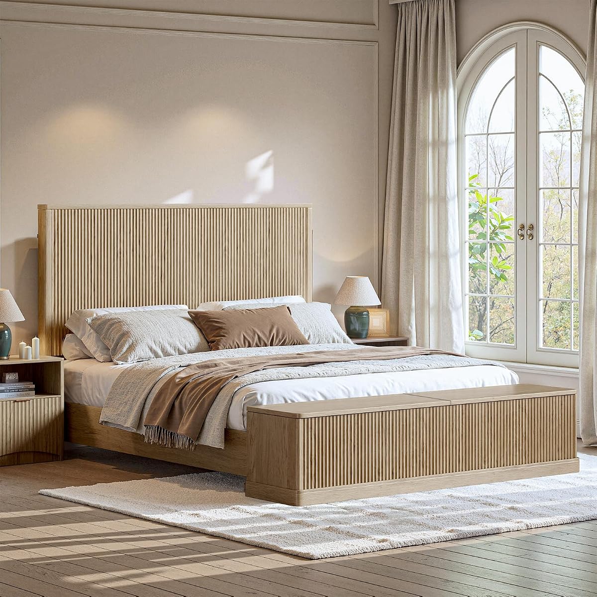 Fluted Oak King Bed Frame with 51'' Headboard & Storage Bench