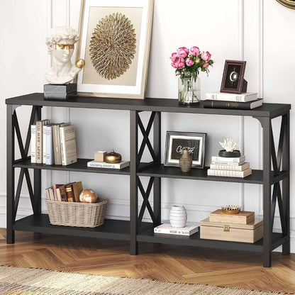 Black Console Table, Modern Sofa Table Behind Couch, Industrial Entryway Table for Hallway Living Room, Farmhouse Wooden Metal Entry Table for Foyer with 3-Tier Storage Shelves, Black Oak, 55 Inch