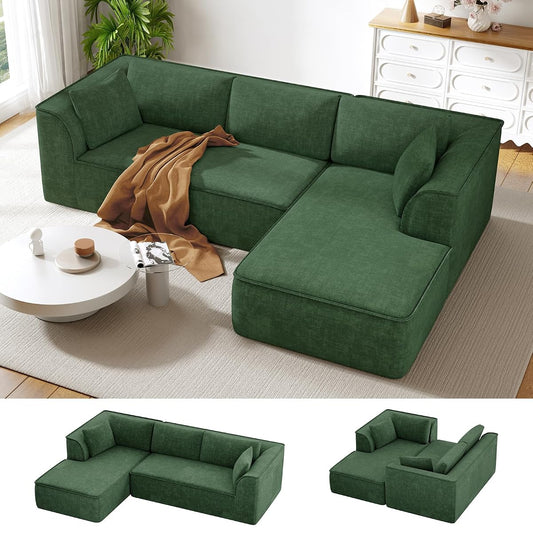 106" Cloud Sectional Couch with Chaise, Deep Seat Modular Sectional Sofa Chenille Memory Foam Sofa Boneless Couches for Living Room Bedroom, No Assembly Required (Green, Right-Facing Chaise)