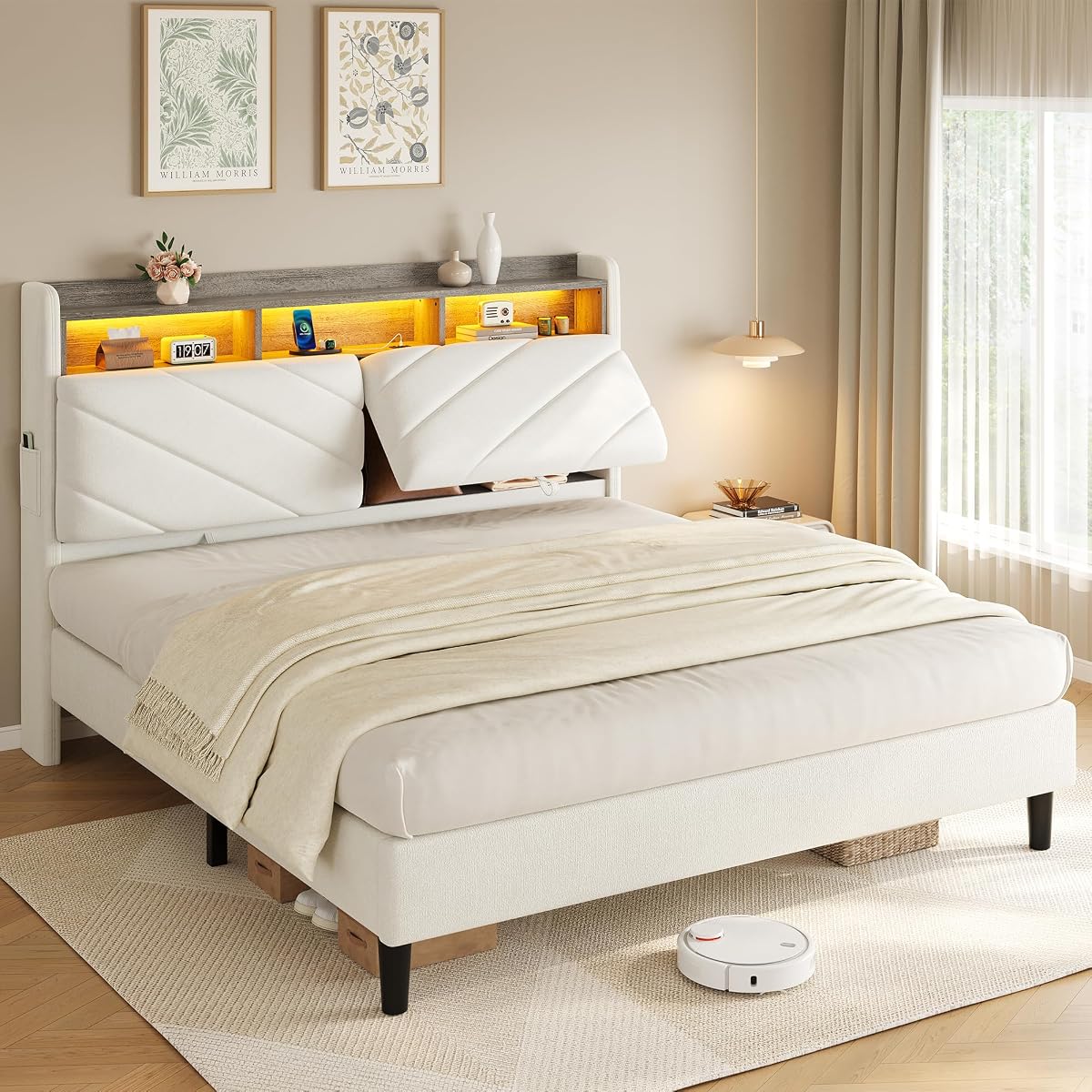 Beige Queen Size Velvet Bed Frame with Ergonomic Headboard