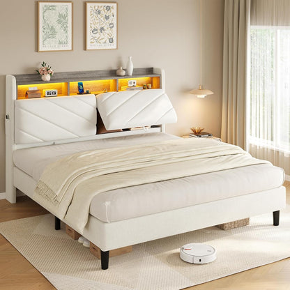 Beige Queen Size Velvet Bed Frame with Ergonomic Headboard