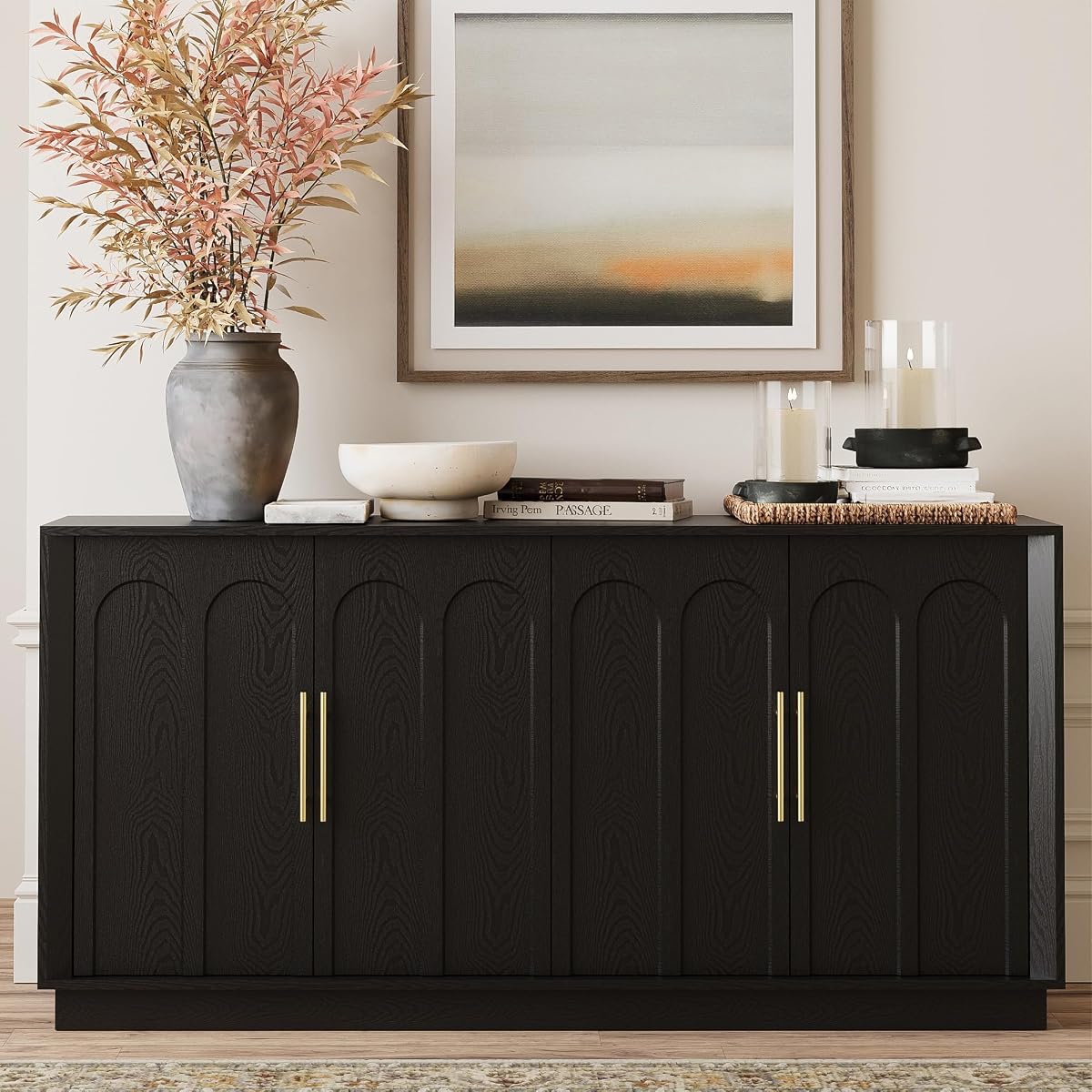 67" Sideboard Buffet Cabinet with Storage, Arched Doors, Black