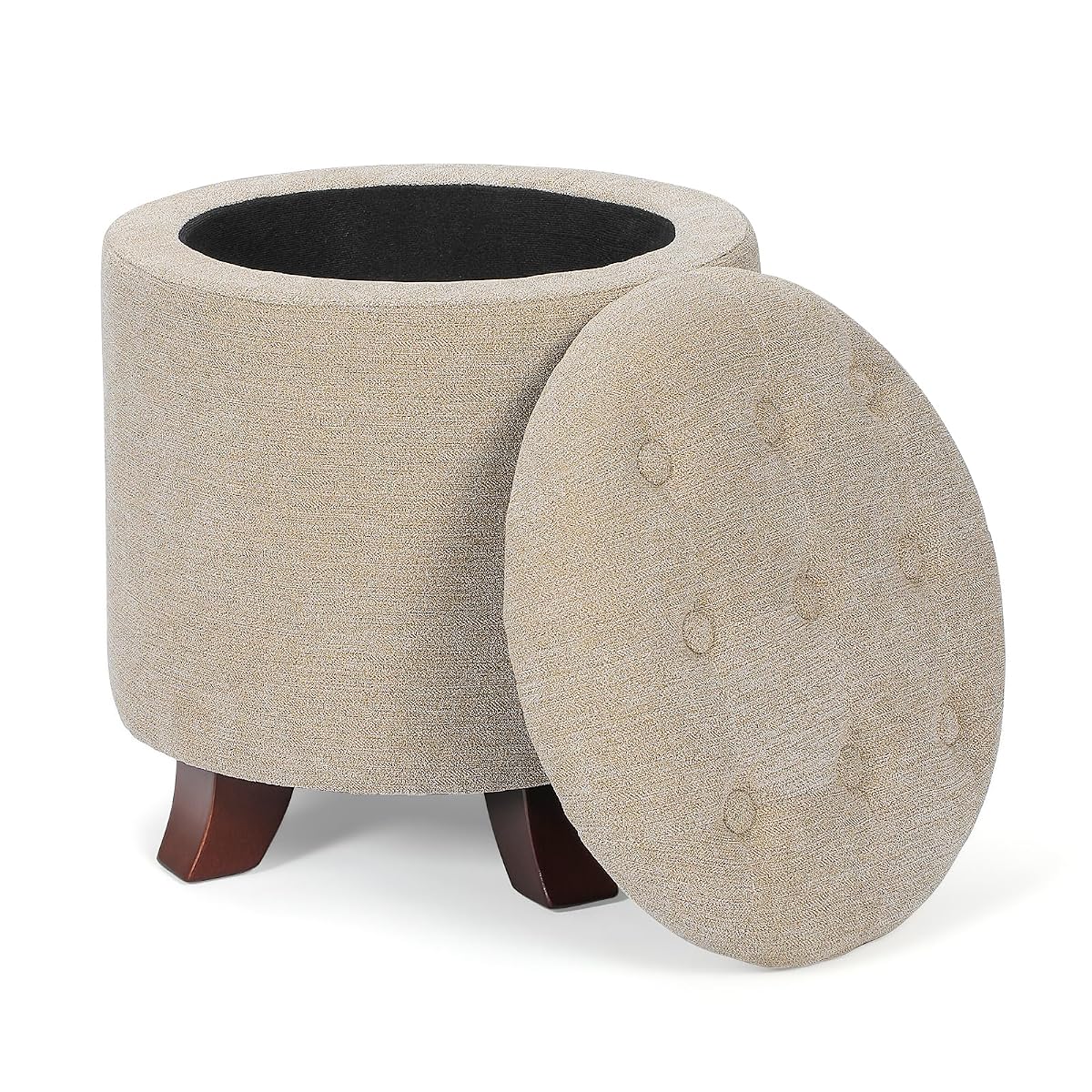 15 Inch Small Ottoman with Storage, Round Linen Fabric Storage Ottoman Foot Rest with Removable Lid, Multipurpose Footstool Footrest for Living Room, Bedroom, Dorm, Khaki