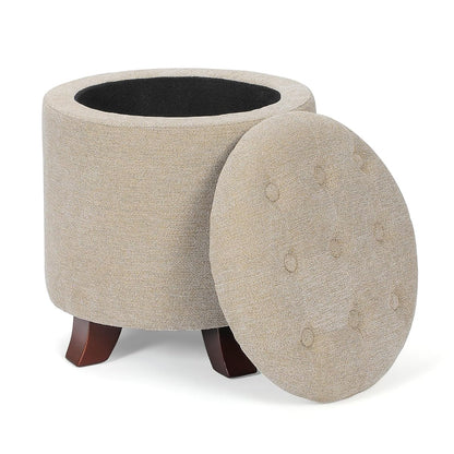 15 Inch Small Ottoman with Storage, Round Linen Fabric Storage Ottoman Foot Rest with Removable Lid, Multipurpose Footstool Footrest for Living Room, Bedroom, Dorm, Khaki