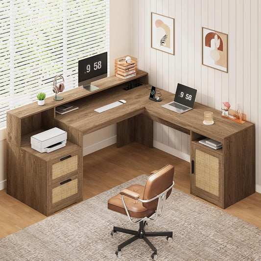 63" Rattan L Shaped Desk with Drawers & Printer Shelf for Home Office