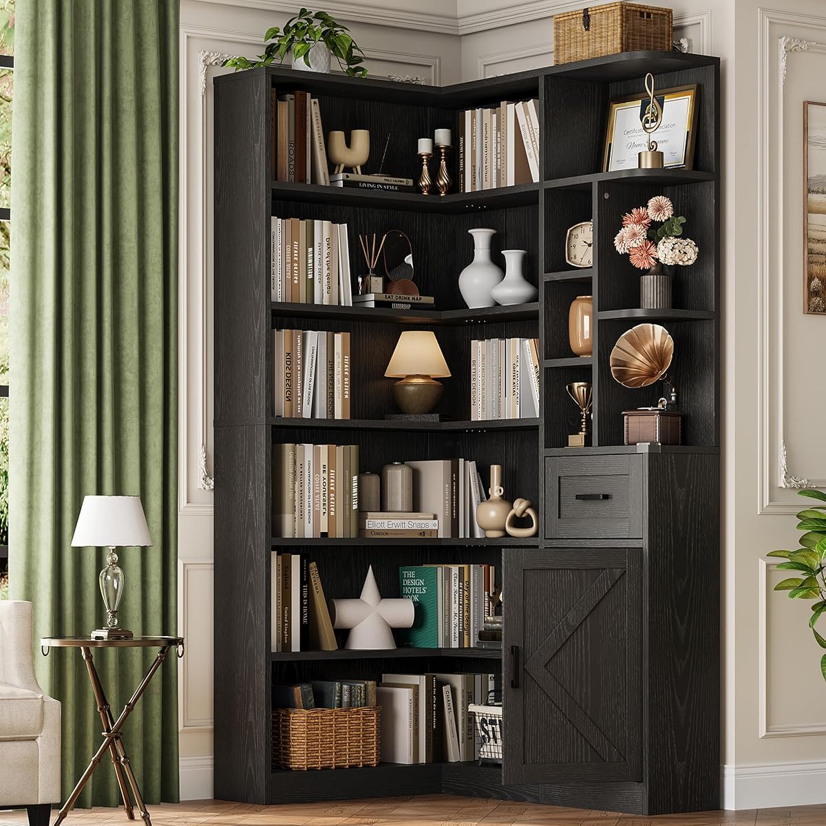 74'' Tall Corner Bookshelf, 6-Tier Book Shelf with Drawer and Cabinets