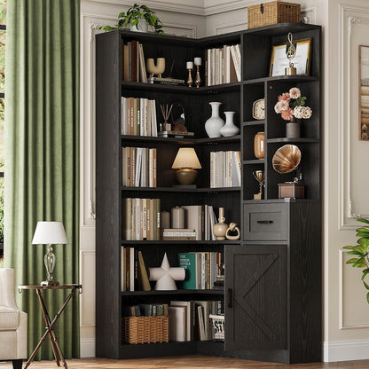 74'' Tall Corner Bookshelf, 6-Tier Book Shelf with Drawer and Cabinets