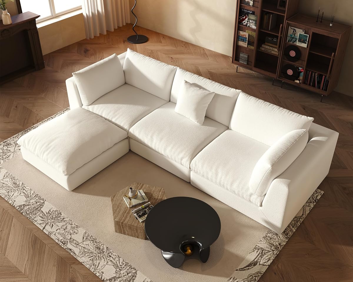 Oversized Modular Sectional Sofa,Cloud Couch Deep Seat Sofa Cushion Covers Removable, Oversized Sectional Couches for Living Room (3 Seater+1 Ottoman-Cream White)