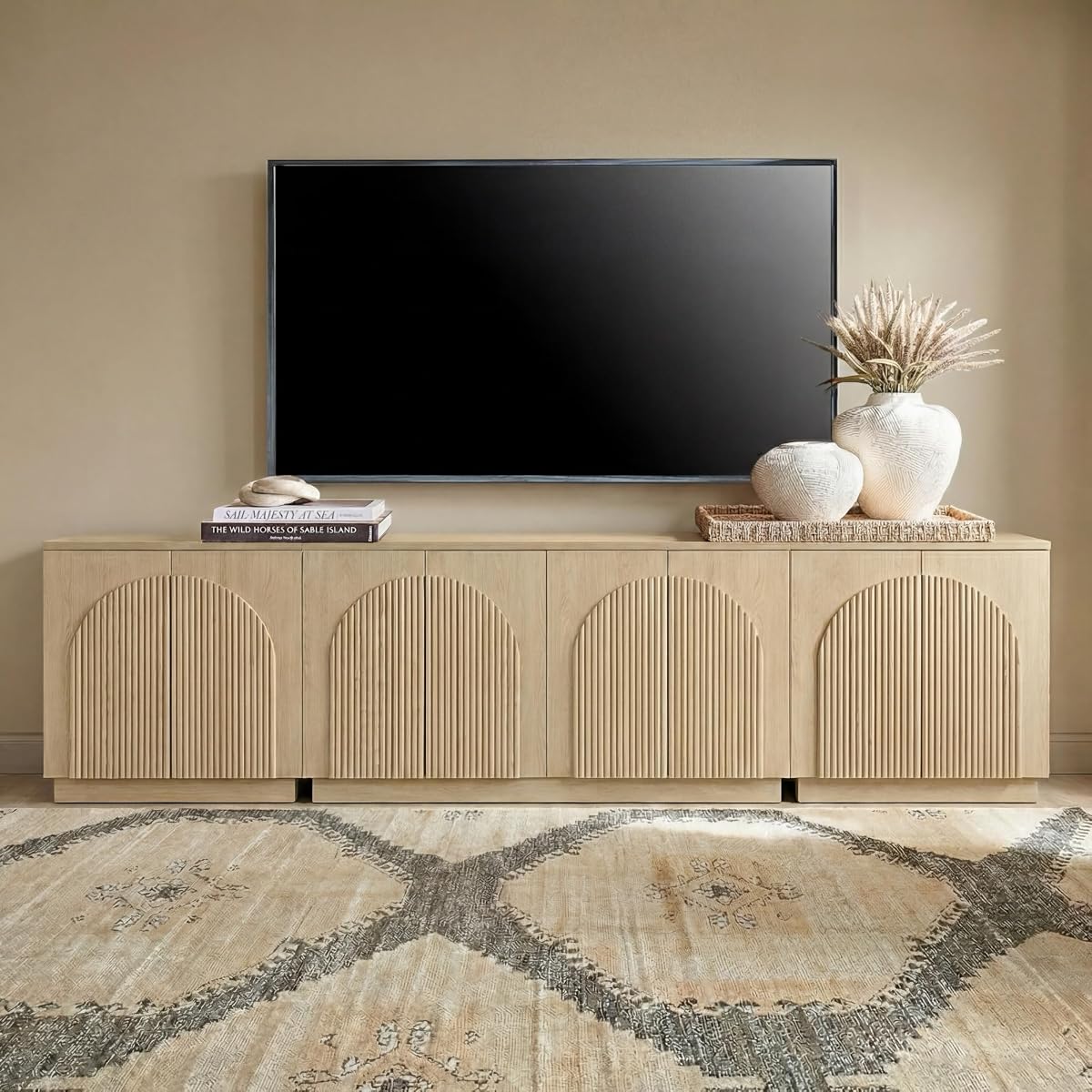 Fluted TV Stand with Arched Reeded Design Doors