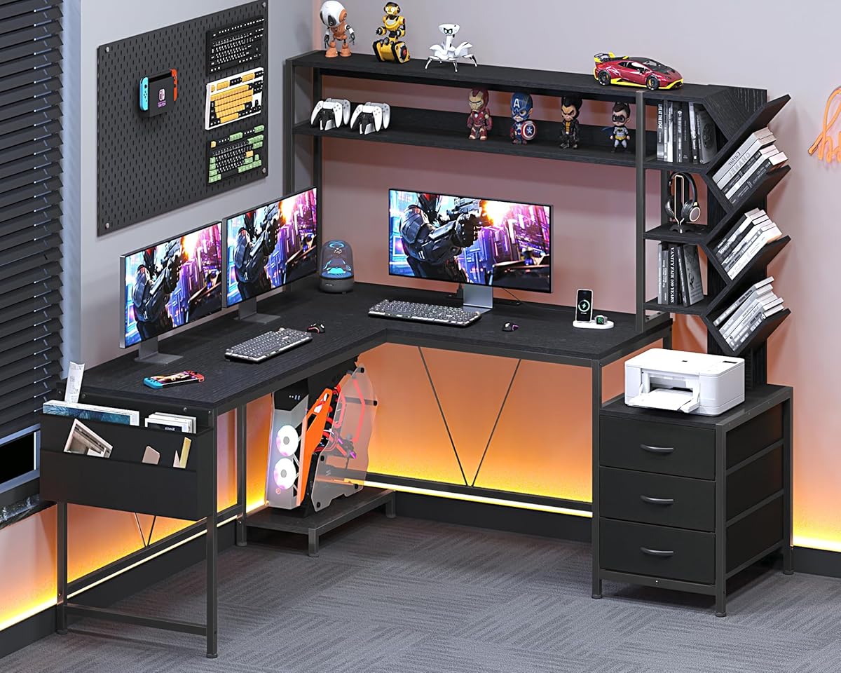 L Shaped Desk with Hutch, Reversible Computer Desk with Drawers and Bookshelf, Home Office Desks with Storage Shelves for Bedroom Home Office, Black