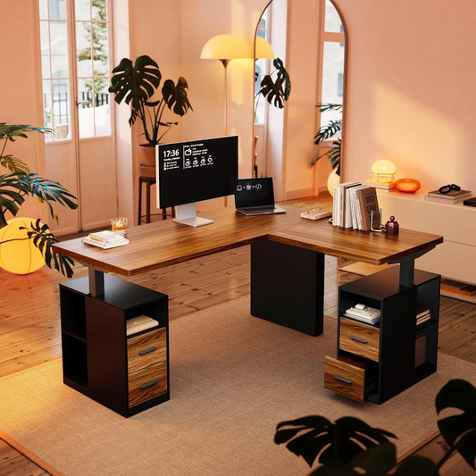 63 Inch L Shaped Standing Desk, Electric Executive Height Adjustable Desk with Storage Drawers, Reversible Design Computer Workstation for Home Office, Black Walnut