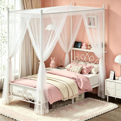Twin Metal Canopy Bed Frame with Storage Headboard, 4 Poster Bed, White