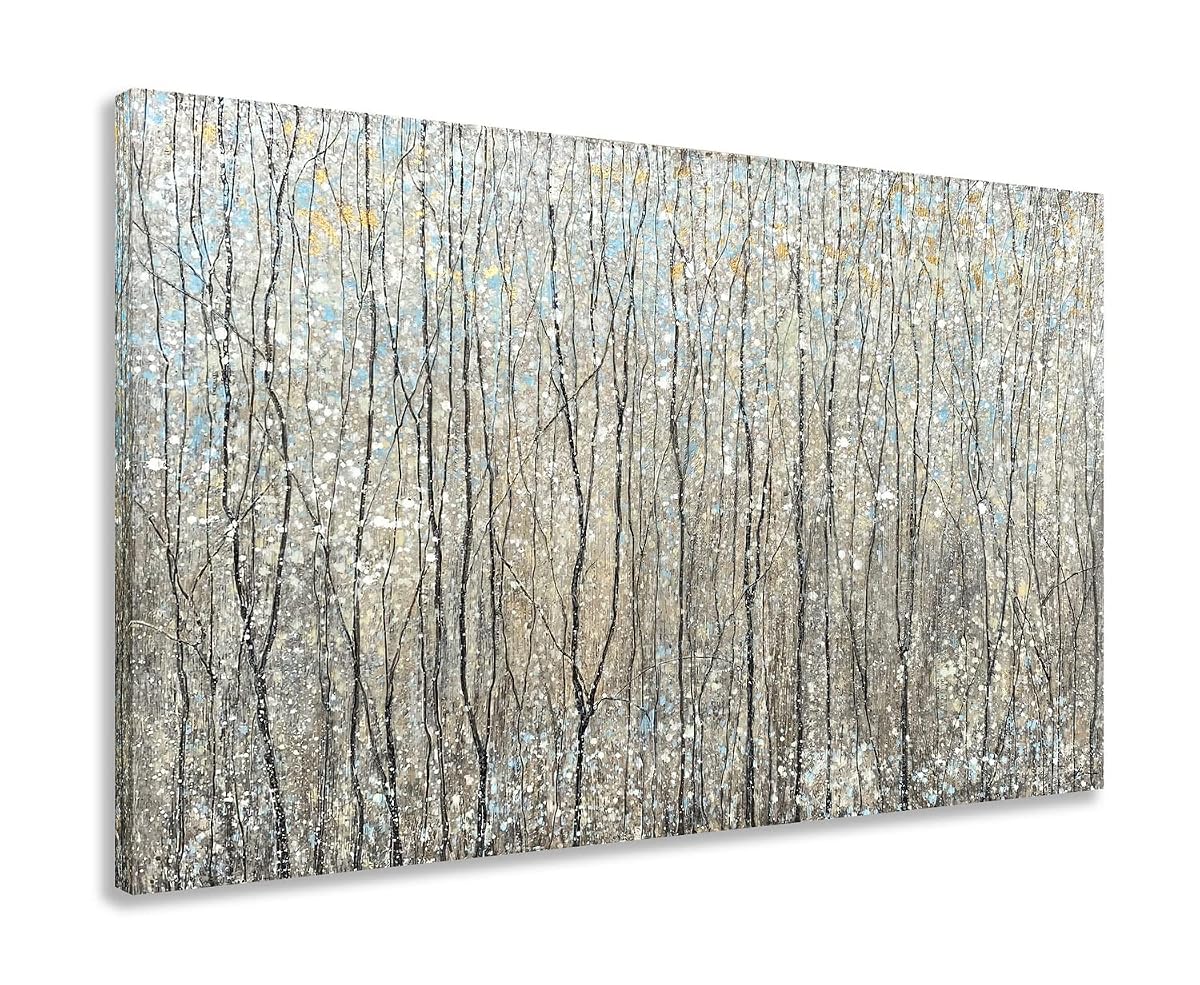 Abstract Tree Canvas Wall Art - Brown Forest Paintings with Gold Foil - Modern Landscape Pictures for Living Room Bedroom Bathroom Decor