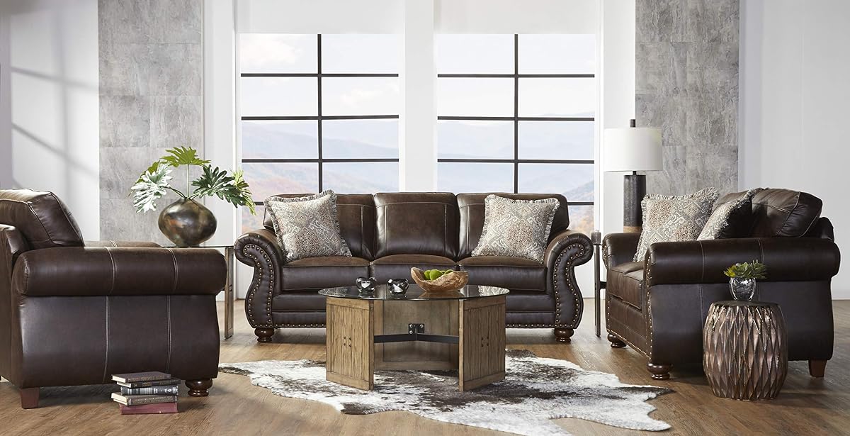 Leinster Fabric Upholstered Nailhead 3-Piece Livingroom Set, Sofa, Loveseat, and Chair Set, Espresso
