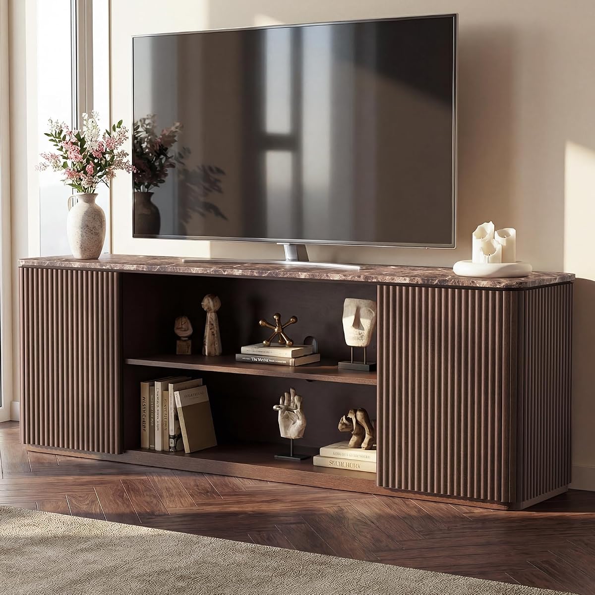 70" Modern Fluted TV Stand, for TVs Up to 80", Faux Marble Top, Brown Oak