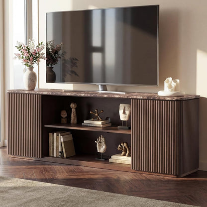 70" Modern Fluted TV Stand, for TVs Up to 80", Faux Marble Top, Brown Oak