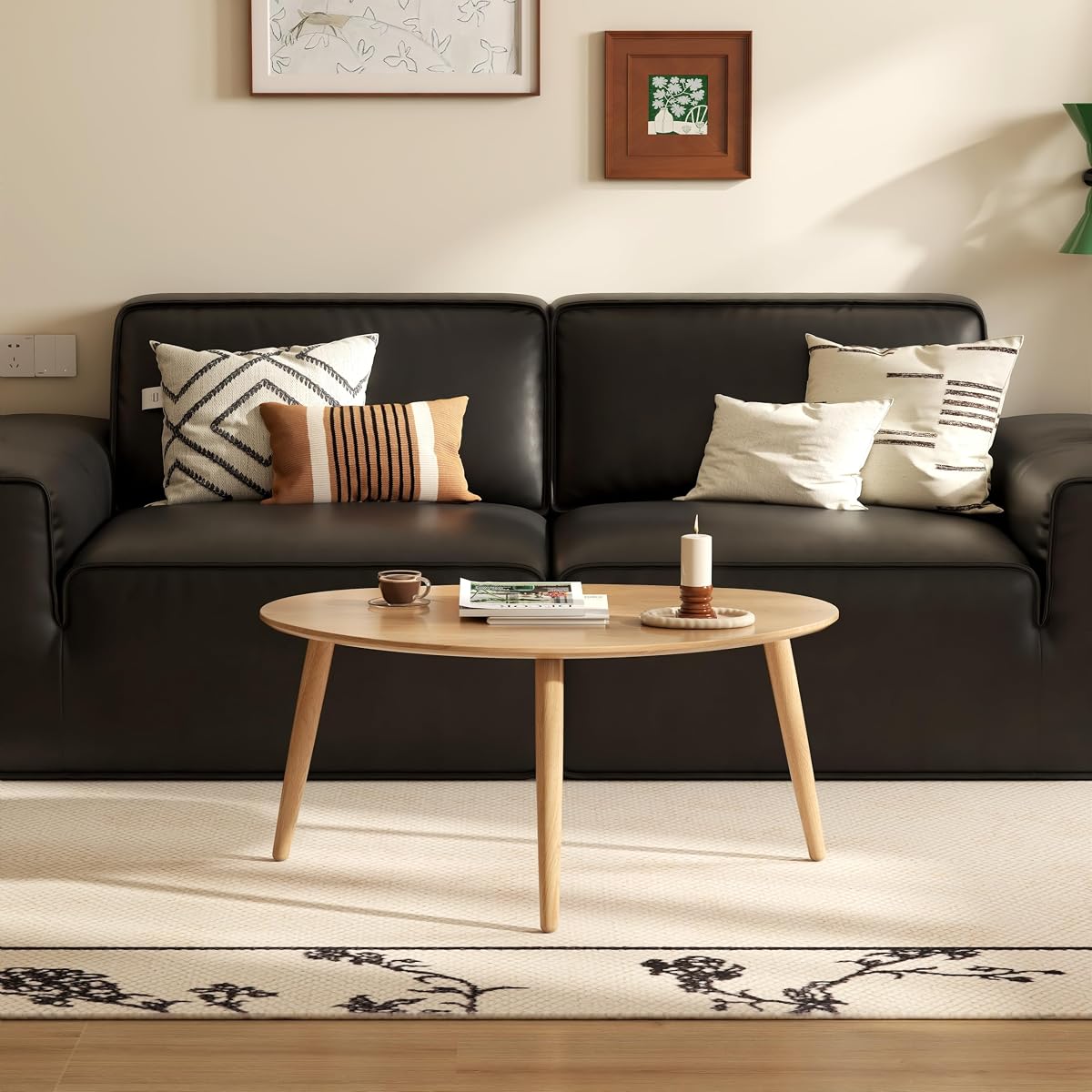 Small Oval Coffee Table, 33.5" Mid Century Modern Coffee Table for Living Room, 100% Solid Oak Wood Side Table, Center Table (Original Wood Color, 33.46''Wx22.83''Dx15.74''H)