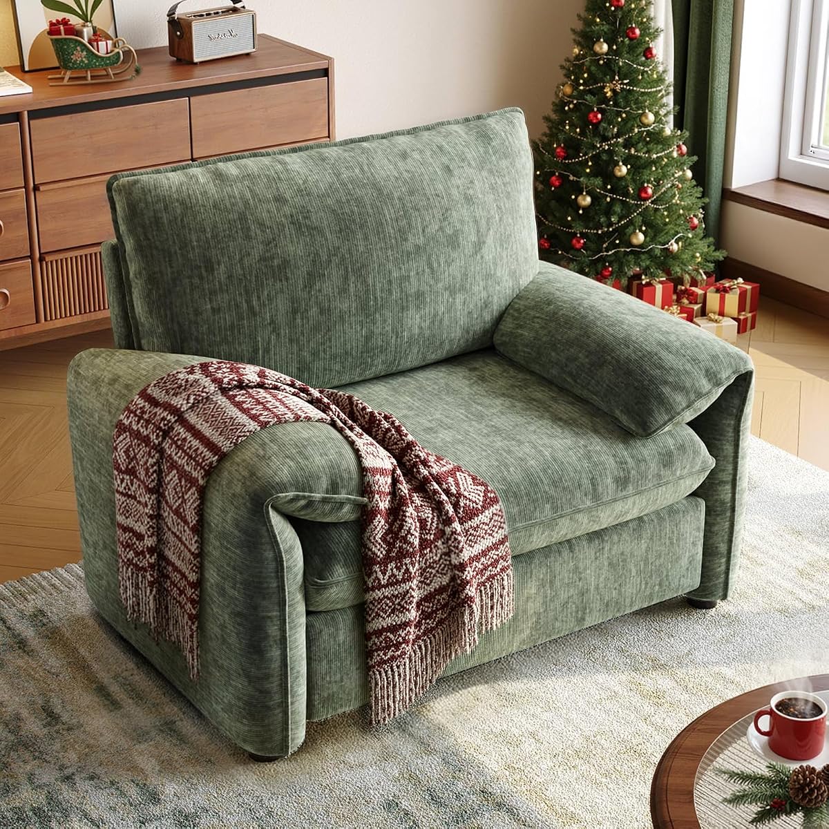 Oversized Accent Chair, 41 Inch Chenille Fabric Armchair, Comfy Single Sofa Chair with Padded Arms, Pocket Spring Cushion, Modern Reading Chair for Living Room, Bedroom, Green