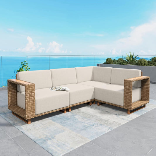 L Shaped Patio Furniture, Outdoor Sectional Sofa with 10''Ultra-Thick Cushions, Yellow Rattan Wicker Patio Conversation Set, Low Profile Lawn Garden Backyard Furniture
