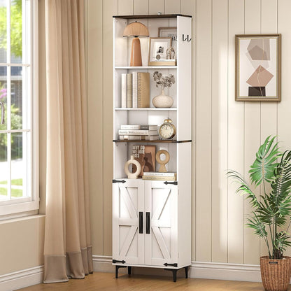 Farmhouse Bookshelf with Storage, 72in Tall Bookcase with Barn Door