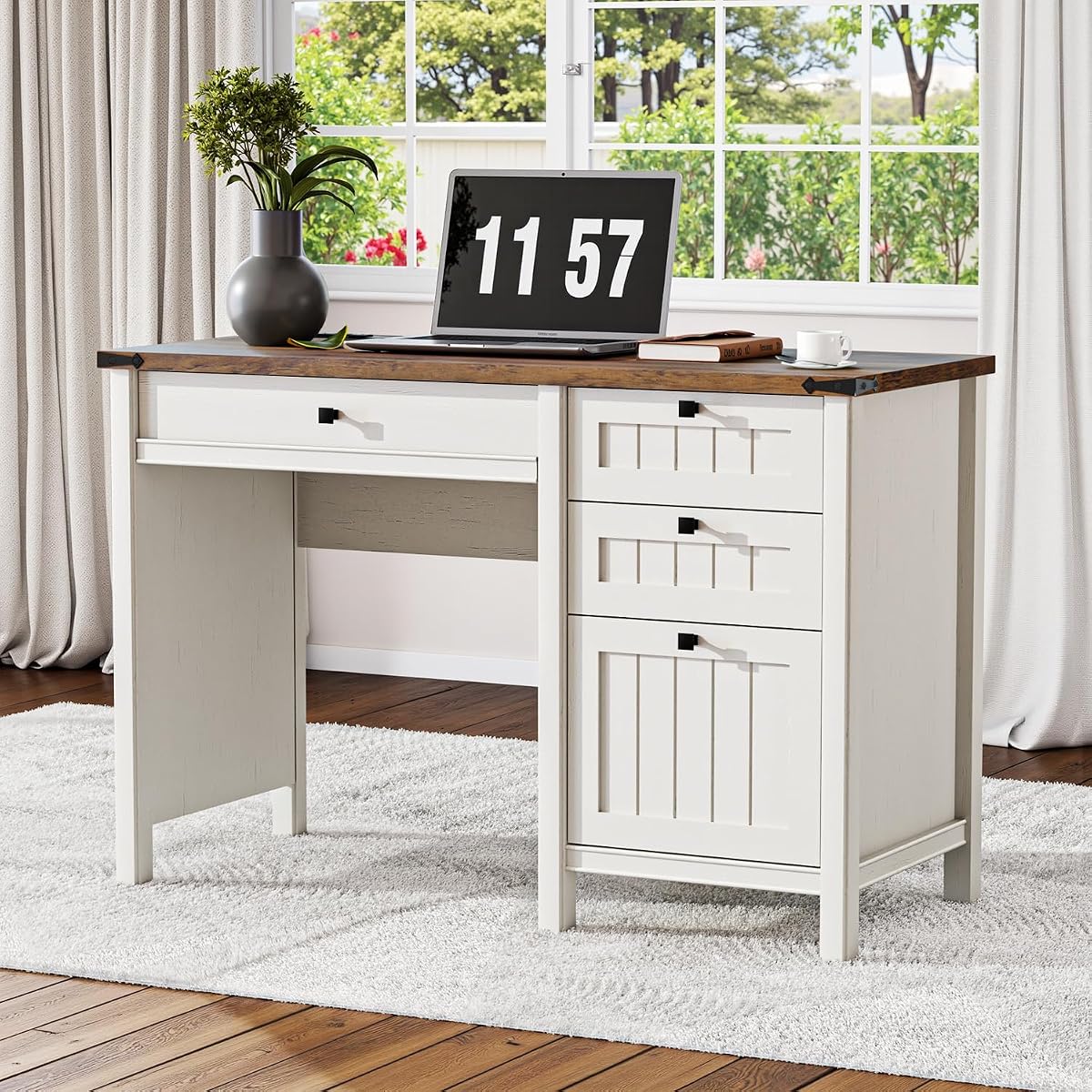 White Farmhouse Desk, 45" Desk with Outlets & File Drawer