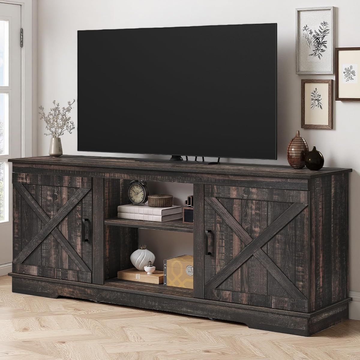 Farmhouse TV Stand for TVs up to 65, Double Barn Doors, Rustic Oak