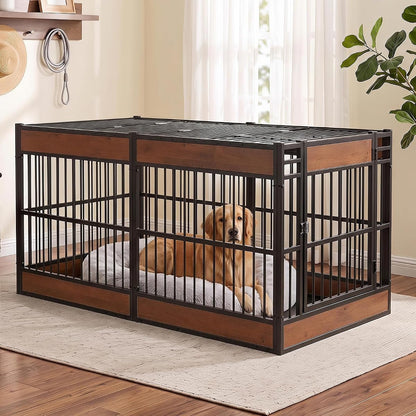 Furniture Style Dog Crate, 55" Large Wooden Metal Dog Kennel