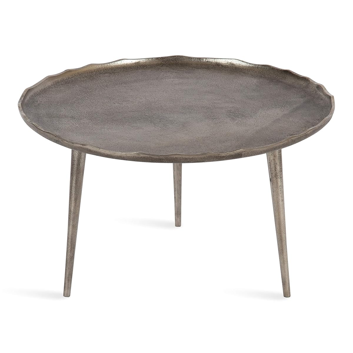 Alessia Modern Round Metal Coffee Table, 26 x 26 x 16, Silver, Sand Cast Aluminum Coffee Table with Raised Deckled Edge for Storage and Display