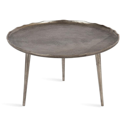Alessia Modern Round Metal Coffee Table, 26 x 26 x 16, Silver, Sand Cast Aluminum Coffee Table with Raised Deckled Edge for Storage and Display