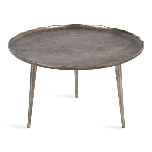 Alessia Modern Round Metal Coffee Table, 26 x 26 x 16, Silver, Sand Cast Aluminum Coffee Table with Raised Deckled Edge for Storage and Display