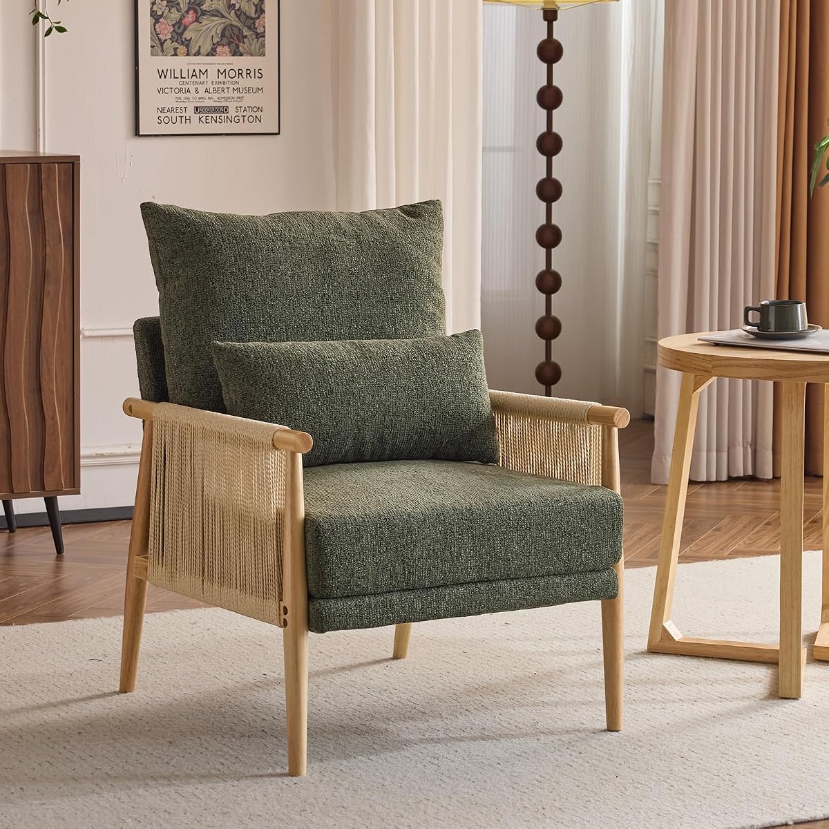 Boho Braid Accent Armchair,Mid-Century Modern Chiar with Solid Wooden Armrest,Comfy Louge Cushion Chair with Waist Pillow for Bedroom,Living Room,Reading Room, Dark Green